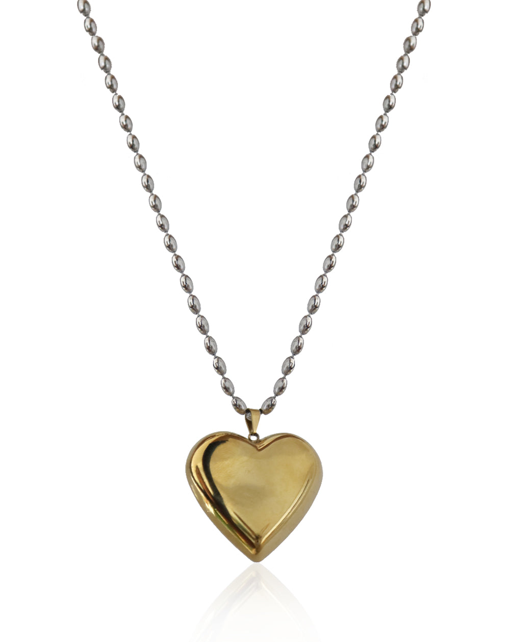 Collar corazón dorado y cadena bolitas plateadas