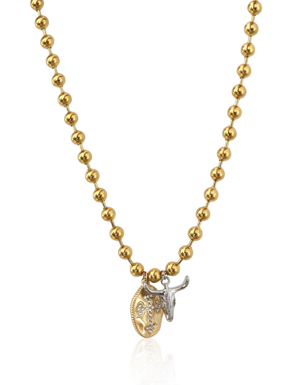 collar bolitas doradas con medalla plata con cruz brillo y cuerno