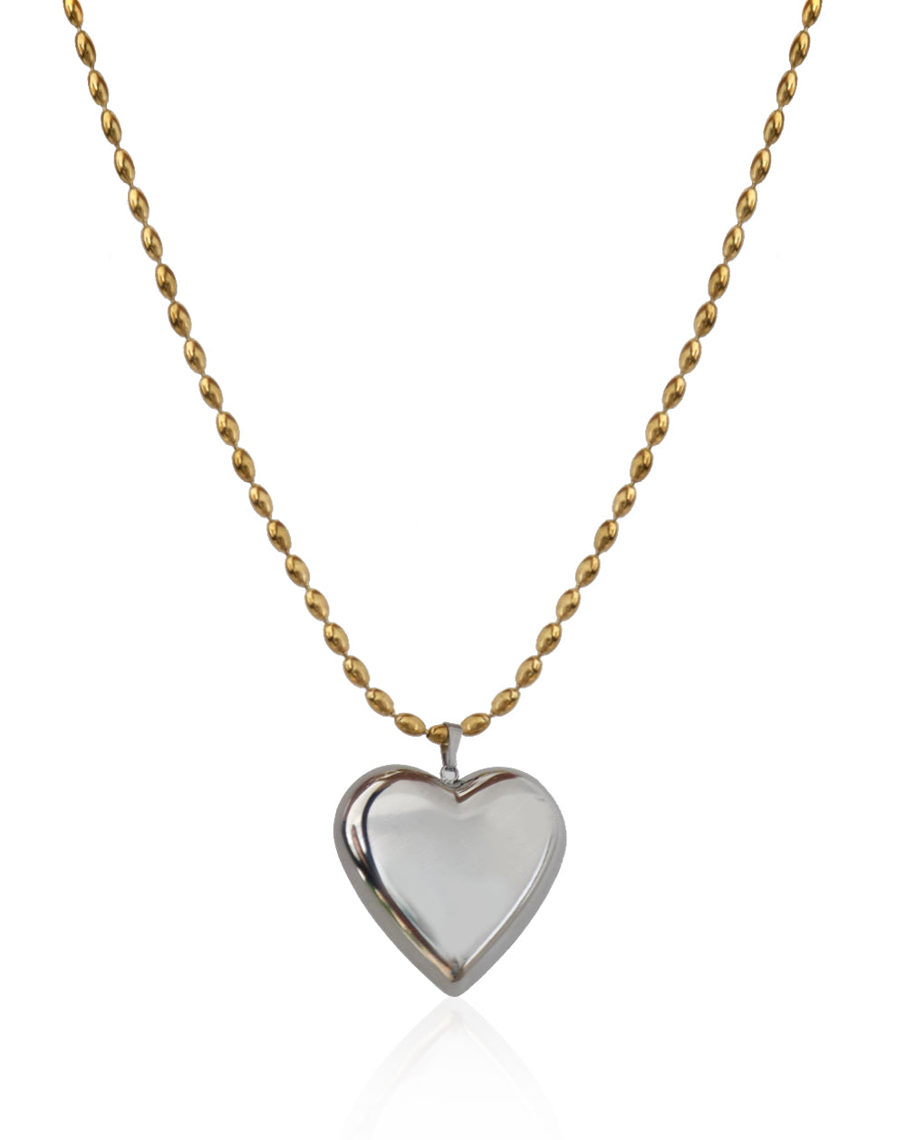 Collar corazón plata y cadena bolitas doradas