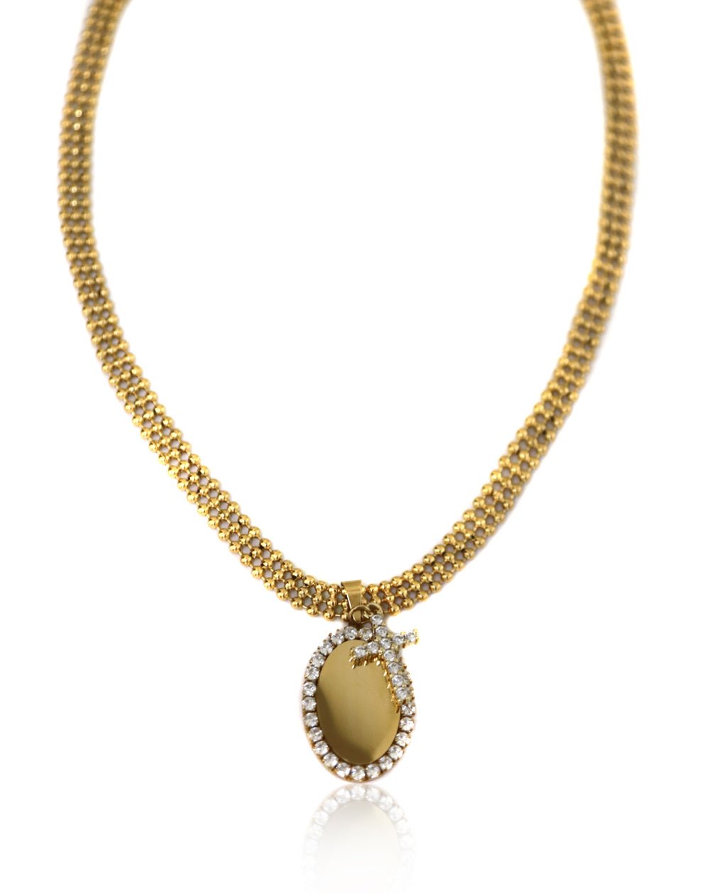 collar tripe bolitas con cruz y medalla brillantes